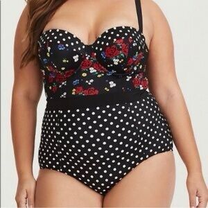 Torrid one piece roses & polka dot retro push up swimsuit - No straps